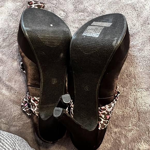 Makers Sz 10 Black Satin Platform Stiletto Heel Pink Leopard Ankle Lace Up Tie - Picture 10 of 14